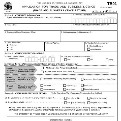 Document preview: Guide to the TB01 Application for Jamaica Business License — Government & admin (CERFA n°tb01)