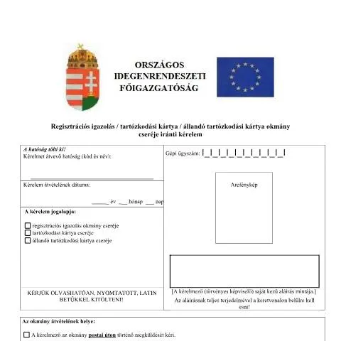 Document preview: Állandó tartózkodási kártya cseréje Magyarországon — Adminisztratív ügyintézés