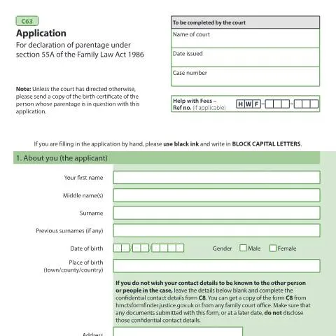 Document preview: How to Apply for Official Parental Declaration Using Form C63 — Legal & justice