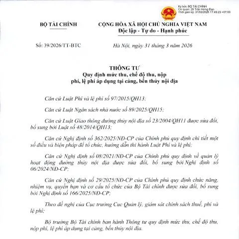 Document preview: Thông tư 39/2026/TT-BTC: Quản lý phí tại cảng thủy nội địa — Thủ tục hành chính (CERFA n°39/2026/TT-BTC)