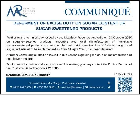 Document preview: Mauritius Announces Excise Duty Deferment on Sugar-Sweetened Products — Government & admin (CommuniqueSugar250321)