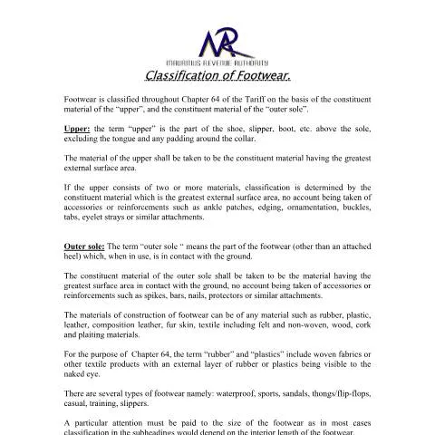 Document preview: Understanding Footwear Classification in Mauritius — Government & admin (footwear)