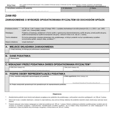 Document preview: Zawiadomienie ZAW-RD o wyborze ryczałtu od dochodów spółek — Podatki i fiskalność (CERFA n°ZAW-RD)