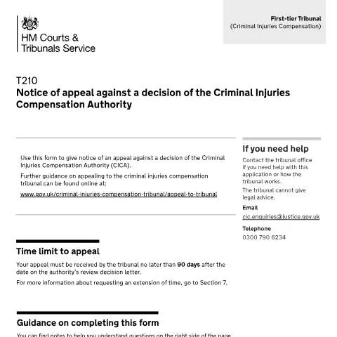Document preview: Guide to Filing an Appeal Against CICA Decision Using Form T210 — Legal & justice
