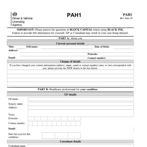 Document preview: How to Report Pulmonary Arterial Hypertension Using Form PAH1 — Vehicle & driving