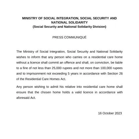 Document preview: Mauritius Official Notice on Residential Care Home Licensing — Government & admin (Annex-A-Press-Communique-English)