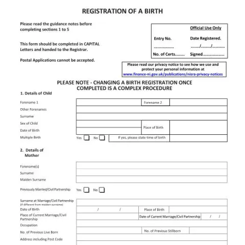 Document preview: Official Birth Registration Process in Northern Ireland — Civil status & identity (GRO 4)