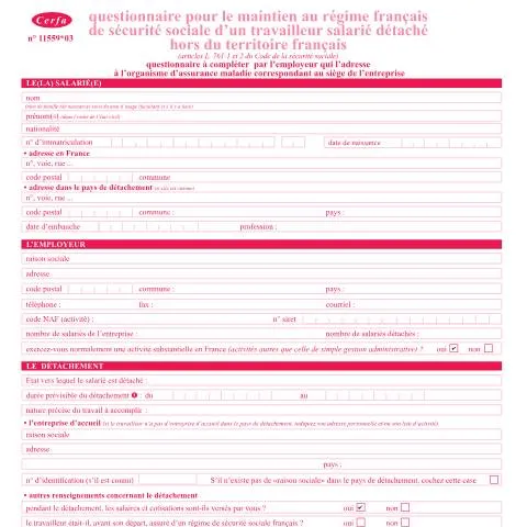 Aperçu du document Formulaire de maintien de protection sociale pour salariés détachés — Immigration & visas (CERFA n°11559*03)