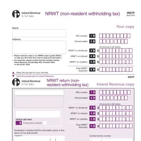 Document preview: Navigating the NRWT Payment Slip (IR67P) in New Zealand — Taxes (CERFA n°IR67P)