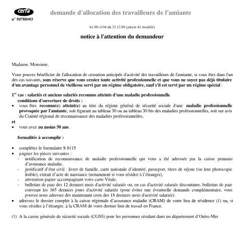 Aperçu du document Allocation travailleurs amiante : procédure après maladie — Santé (CERFA n°11690*02)