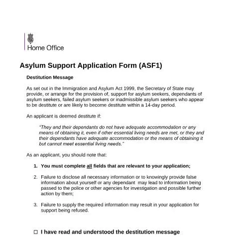 Document preview: How to Apply for UK Asylum Support Using Form ASF1 — Benefits & social aid