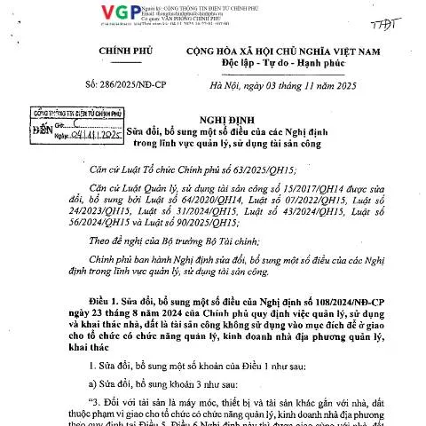 Document preview: Chi tiết về Nghị định 286/2025/NĐ-CP trong quản lý tài sản công — Thuế & tài chính (CERFA n°286/2025/NĐ-CP)