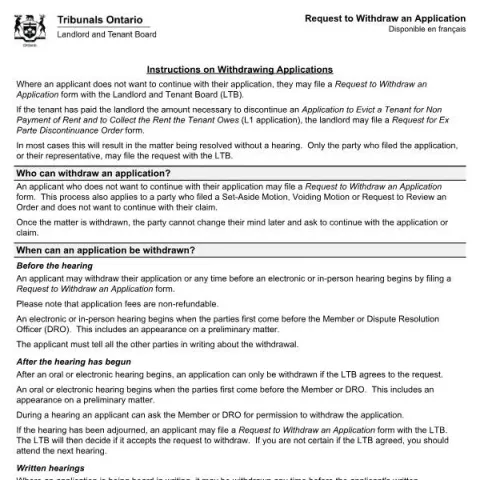 Document preview: How to Withdraw an Application at the Ontario Landlord and Tenant (English / French) — Housing