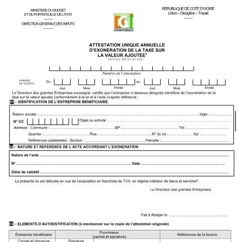 Aperçu du document Comprendre l'Attestation d'Exonération de TVA en Côte d'Ivoire — Impôts & fiscalité