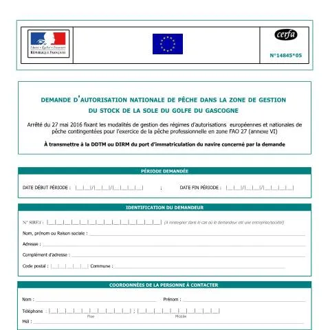Aperçu du document Autorisation européenne de pêche : sole du golfe de Gascogne — Démarches administratives (CERFA n°14845*05)