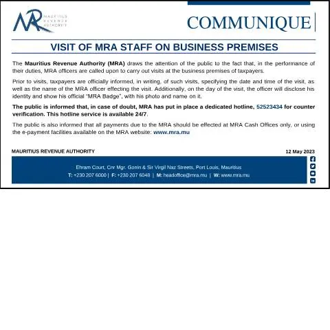 Document preview: Official MRA Staff Visit Procedures to Business Premises — Government & admin (Communique120523)