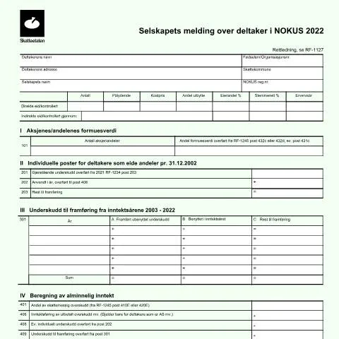 Document preview: Forstå RF-1234: Selskabets melding over deltaker i NOKUS — Skatt & avgifter (CERFA n°RF-1234)