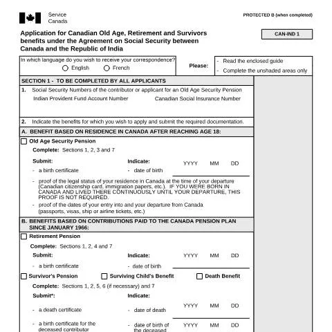 Document preview: Guide to Applying for Old Age Benefits Under India/Canada Agreement — Retirement & pension (CERFA n°ISP5054-IND)