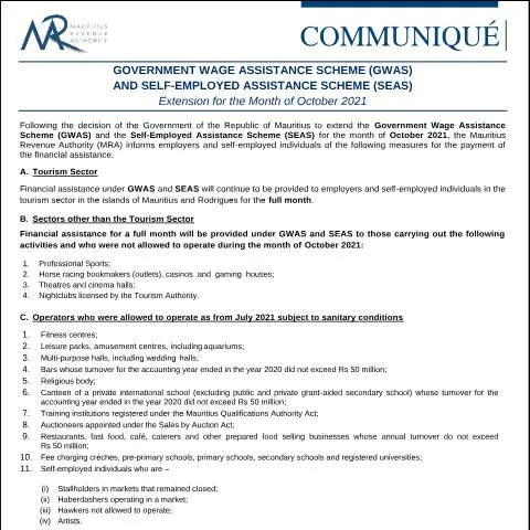 Document preview: Extension of GWAS and SEAS Schemes for October 2021 — Benefits & social aid (CERFA n°Communique141021)