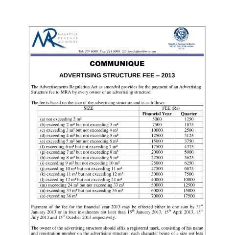 Document preview: Advertising Structure Fee Overview 2013 — Taxes (CERFA n°CommuniqueAdvertisingStructureFee2013)