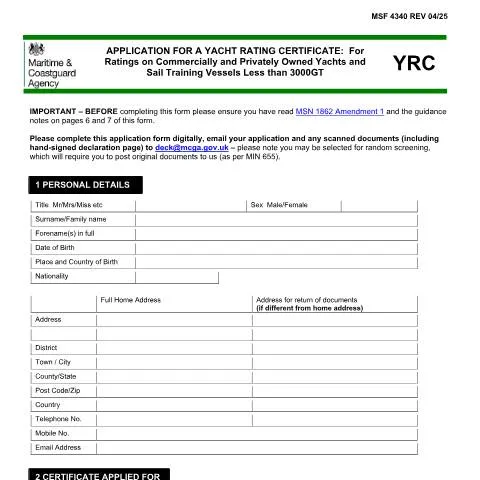 Document preview: Yacht Rating Certificate Application Process and Requirements — Government & admin