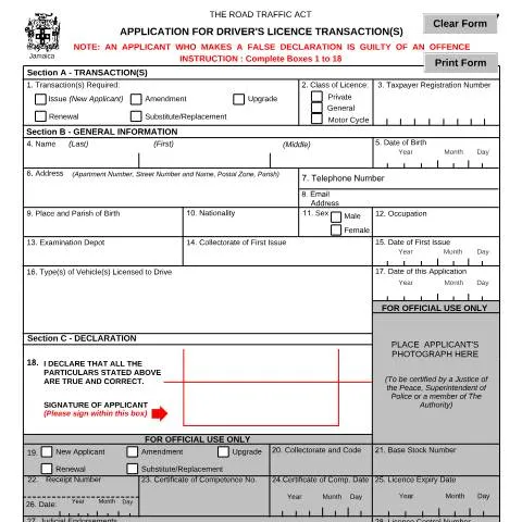 Document preview: Understanding the Jamaica Driver's Licence Application Form F7 — Vehicle & driving (CERFA n°Application+for+Drivers+Licence+Transactions_F7_032024)
