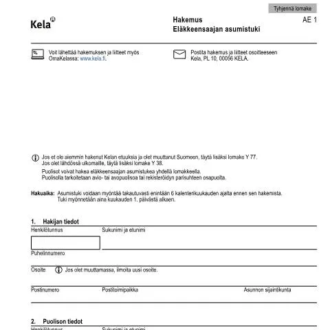 Document preview: Eläkkeensaajan asumistuki: Tuki eläkeläisten asumiskustannuksiin — Asuminen (CERFA n°Kela AE 1)