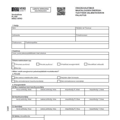 Document preview: Oikaisuvaatimus maatalouden energiatuotteen veropalautuksesta — Hallinnolliset asiat (CERFA n°Vero 3320)