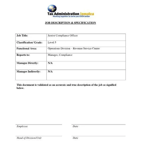 Document preview: Senior Compliance Officer Level 5 Job Overview in Jamaica — Government & admin (CERFA n°Senior+Compliance+Officer)