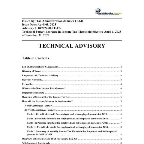 Document preview: Jamaica Income Tax Threshold Increase 2025-2028 — Taxes (CERFA n°Technical_Advisory_Threshold+_042025)