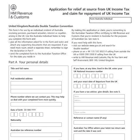 Document preview: Form Australia-Individual 2003: Double Taxation Relief Between UK and — Taxes