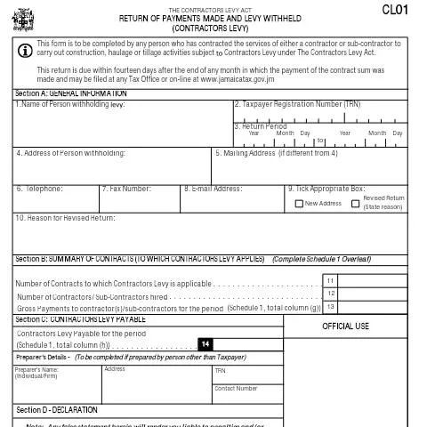 Document preview: Understanding the Contractors Levy Return Form in Jamaica — Government & admin (CERFA n°cl01_01092016)