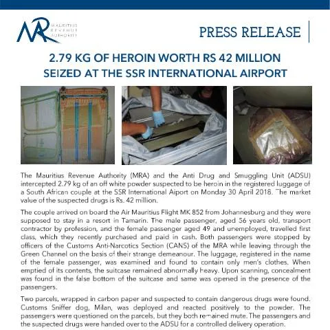 Document preview: Significant Heroin Seizure at SSR International Airport — Government & admin (PressRelease030518)