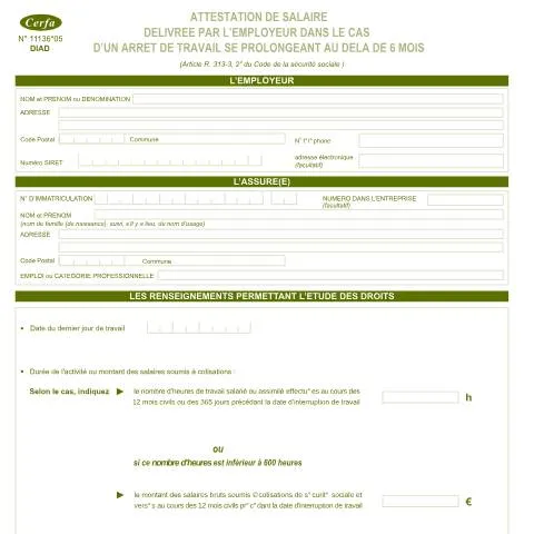 Aperçu du document Formulaire 11136*05 : nouvelle attestation après 6 mois d'arrêt — Emploi & travail (CERFA n°11136*05)