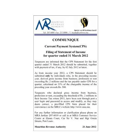 Document preview: CPS Income Statement Filing Requirements for First Quarter 2012 — Taxes (CERFA n°CommuniqueCPSforMarchSatatement2012)