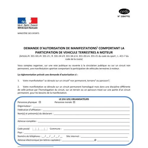 Aperçu du document Autorisation préfectorale pour course automobile sur route ouverte — Démarches administratives (CERFA n°15847*01)