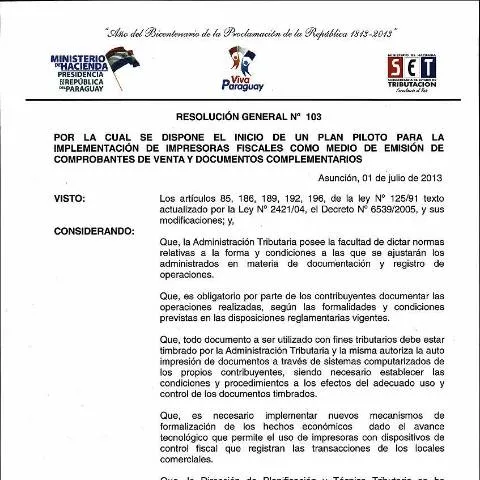 Vista previa del documento Implementación de la resolución general 103/13 en Paraguay — Trámites administrativos
