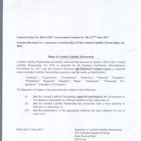 Document preview: A Comprehensive Guide to Limited Liability Partnerships in Mauritius — Business (CERFA n°Limited-Liability-Partnership-GN-853-of-2017)