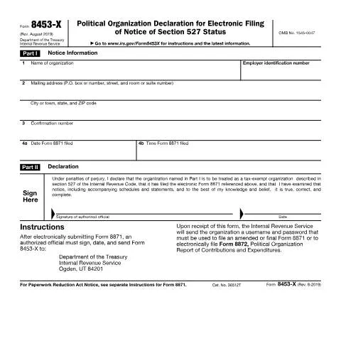 Document preview: Navigating IRS Form 8453-X for Political Compliance — Taxes (CERFA n°8453X)