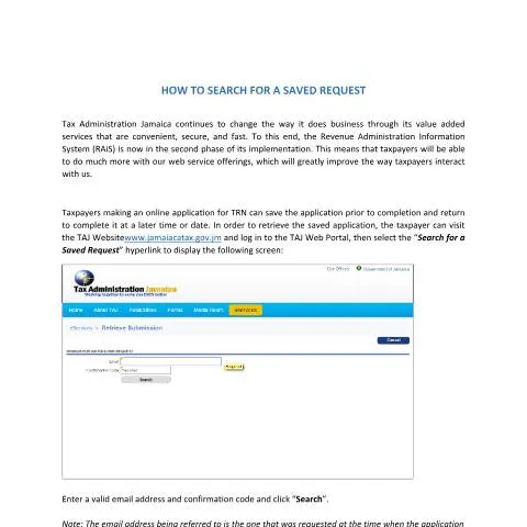 Document preview: How to Use the Search for a Saved Request in Jamaica's Tax System — Government & admin (CERFA n°eServices+-+Search+for+a+Saved+Request)