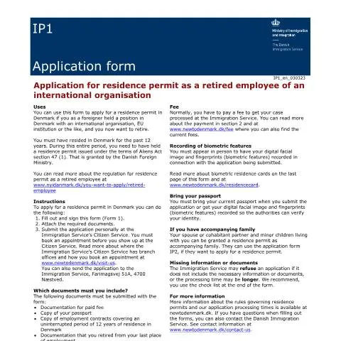 Document preview: Ansøgning om opholdstilladelse med IP1 for pensionerede medarbejdere — Pension & pensionering (CERFA n°IP1)