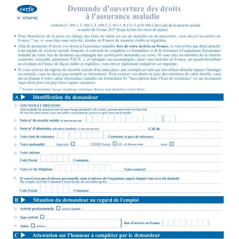 Aperçu du document Comment demander l'ouverture de vos droits à l'Assurance maladie — Santé (CERFA n°15763*02)