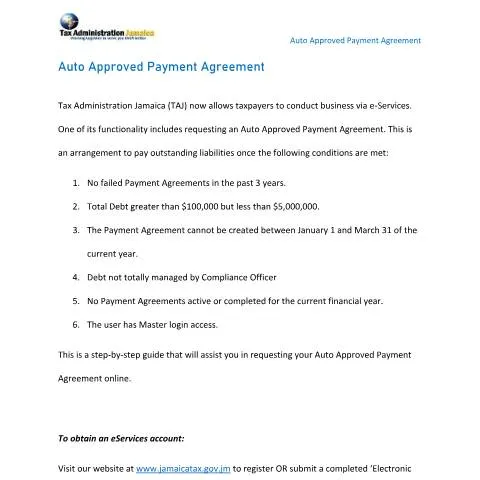 Document preview: Streamlined Tax Payment Solution in Jamaica — Government & admin (CERFA n°Guide_Auto_Approved_Payment_Agreement_112025)