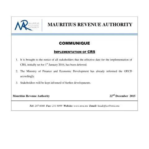 Document preview: Understanding the Impact of CRS Implementation in Mauritius — Government & admin (CRS221215)