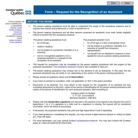 Document preview: How to Request Recognition of an Assistant in Quebec — Legal & justice (MA – Form (2026-09))