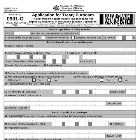 Document preview: Understanding BIR Form No. 0901-O for Tax Relief — Taxes (CERFA n°0901-O)