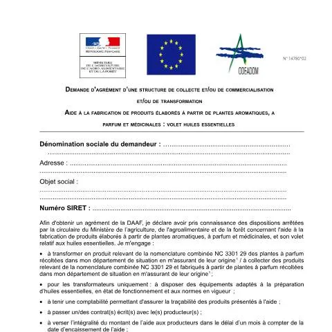 Aperçu du document Agrément production huiles essentielles : guide du formulaire 14780*02 — Démarches administratives (CERFA n°14780*02)