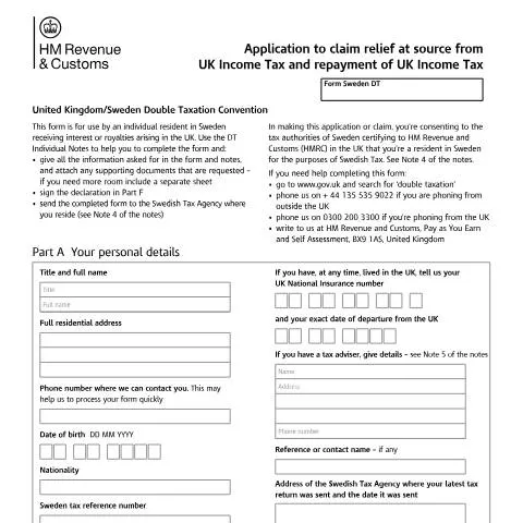 Document preview: UK Double Taxation Relief: Form DT-Individual for Swedish Residents — Taxes