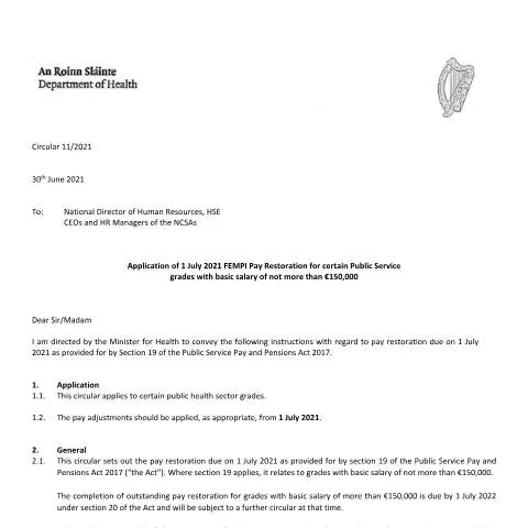 Document preview: Understanding the 1 July 2021 Salary Scales Circular from Ireland's — Work & employment (CERFA n°JULY2021)