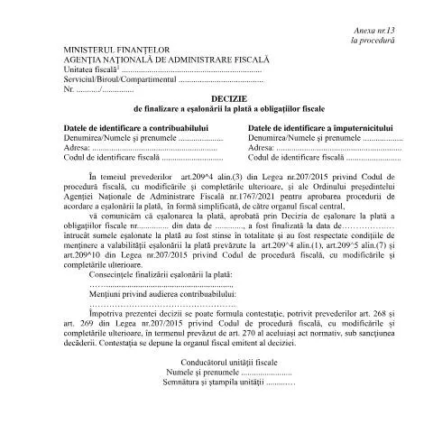 Document preview: Finalizarea Eșalonării Obligațiilor Fiscale prin OPANAF 1767/2021 — Impozite & fiscalitate (CERFA n°A13_OPANAF_1767_2021)